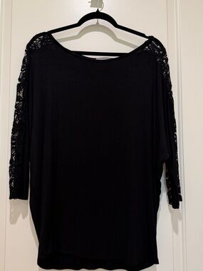 Loveappella Black Long Sleeve Lace-Trim Top